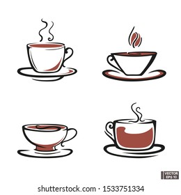 Vector image. Set of mugs icons with tea and coffee. Outline style with curls.