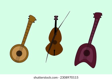 Vector image. Set of musical instruments, icons. Banjo, guitar, violin.