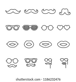 Vector image set of mustache, glasses, lips line icons.