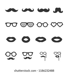 Vector image set of mustache, glasses, lips icons.