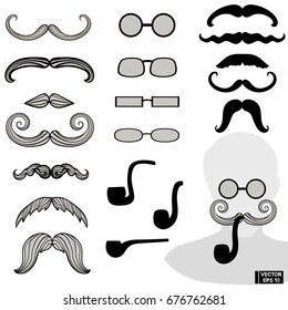 Vector image. A set of mustaches, pipes and glasses. Elements isolated on white background for design.