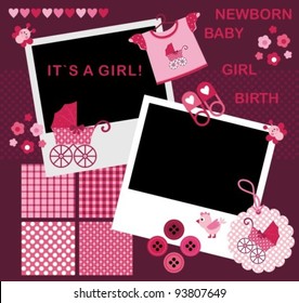 Vector image. Set for the newborn girl. Album Page for scrapbookig