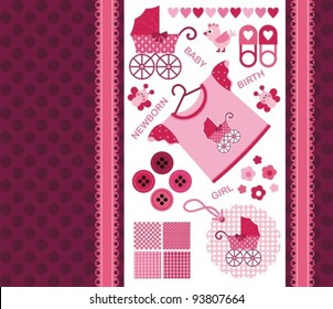 Vector image. Set for the newborn girl. Album Page for scrapbookig