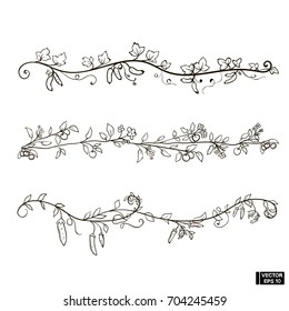Vector image. A set of patterns with scrolls and floral ornaments. Simple plant curls. Patterns for underlining with apples, cucumbers and peas. Separators for text