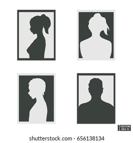 Vector image. A set of people silhouettes. Figure of a man and a woman in full face and profile, in a frame.
