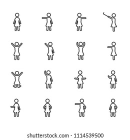 Vector image set posture business woman line icons.