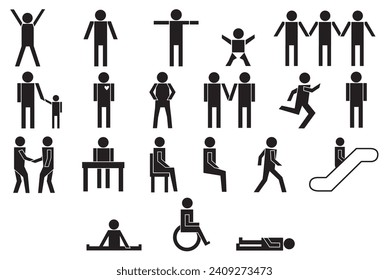 Vector image set of posture people icons. Icon people in different situations, set of human figures, stick figure person pictogram.