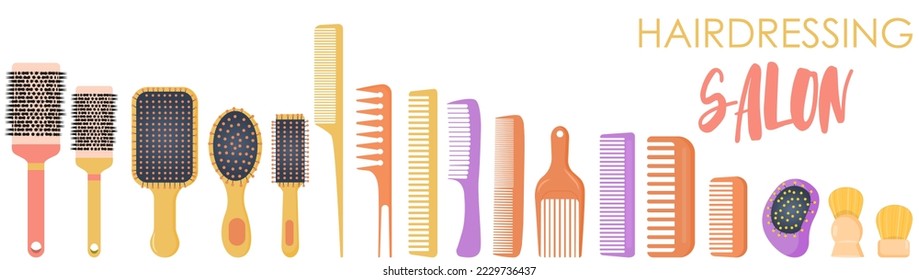 Vector image of a set of professional hairdressing combs. The concept of a beauty salon, haircuts and self-care.