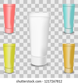 Vector image of a set of realistic plastic tubes for cosmetics and hygiene on a transparent background