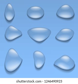 Vector image of a set of realistic water droplets of different shapes on a blue background