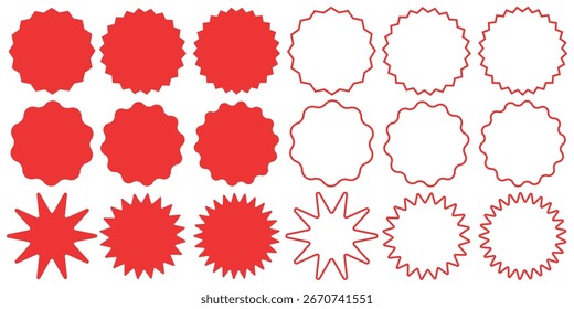 Vector Imagen de un conjunto de iconos rojos con estrellas y siluetas de brillo. Elemento Abstractas para su diseño. Etiquetas de Precio con ofertas especiales, etc.