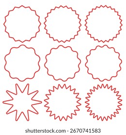 Imagem vetorial de um conjunto de ícones vermelhos com estrelas e silhuetas brilhantes. Elemento abstrato para o seu projeto. Preço etiquetas com ofertas especiais, etc.