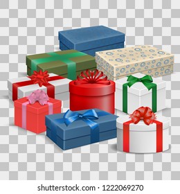Vector image of a set of reluctant, colorful gift boxes with ribbons and bows on a transparent background.