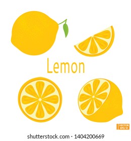 Vector image. Set with ripe lemon and its slices in a flat style.