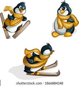A vector image of a set of the same penguin in various skiing positions and without them, screwed into a large scarf. Concept. Cartoon. EPS 10