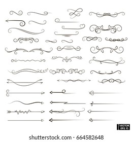 Vector image. A set of scrolls and curls for underlining. Decorative arrows deviders hand drawing