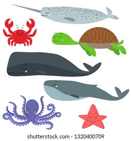 Vector image of a set of sea animals. Cartoon sea creatures. Narwhal (unicorn fish), whale, sperm whale, turtle, starfish, crab.