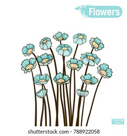Vector image. A set of simple blue wildflowers. Cute flowers isolated on white background for design and decoration.