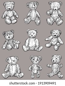 Vector image of set sketches various old teddy bears