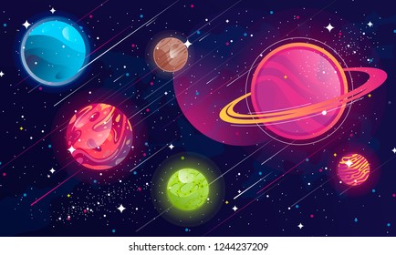 Vector image of a set of space planets and objects on the background of stellar space, shooting stars, the milky way