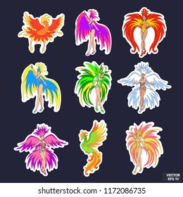 Vector image. A set of stickers - a carnival in Rio de Janeiro. Brazilian girls in bright costumes with feathers and colored birds.