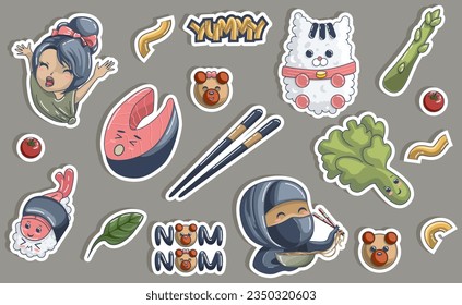 Vector image of a set of stickers from national Japanese dishes and products in contours. EPS 10