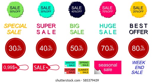 Vector image of a set of stickers for sales, seasonal discounts. Various commercial inscriptions in round badges. Collection illustration for festive events. Different ideas for special offers 50% OFF
