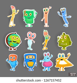 Vector image. Set of stickers stationery. Cartoon characters school supplies. Back to school.
