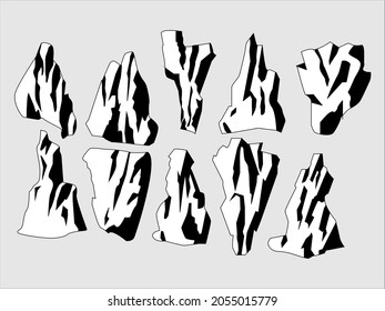 vector image of a set of stones in black and white and gray tones for the design of illustrations, backgrounds, banners, prints and interiors