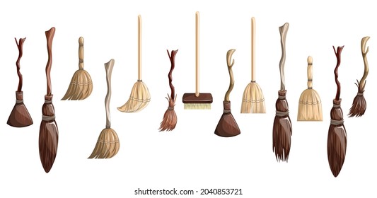 Vector image of a set of stylized brooms in cartoon style isolated on white background. EPS 10