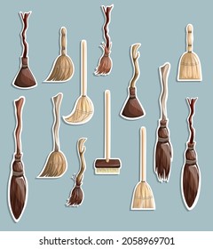 Vector image of a set of stylized brooms in a cartoon style in the form of stickers. EPS 10