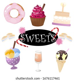 Vector image: set of sweets (ice cream , cupcake, cake with a candle, donut, muffin, cocktail, candy)