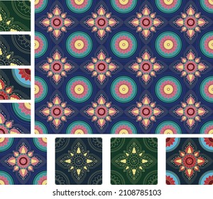 Vector Image Set Tibetan Printed Fabric Seamless Art Mandala Pattern Seamless Pink Lotus Pattern On A Blue Background, India, Bhutan, Japan, Tibet, Mongolia, Sri Lanka.