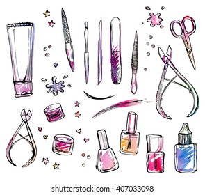 Vector Image set of tools for manicure. Bottles with varnish.