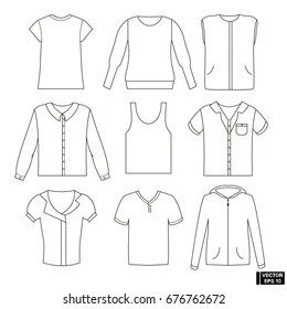 Vector image. A set of T-shirt, jacket, waistcoat. Women's and men's things. Clothes drawn line-art.