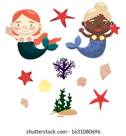 Vector image set of two cute mermaids girls, starfish, shells, coral and algae. Cartoon characters for various illustrations, prints, design. Black and white, color drawing.