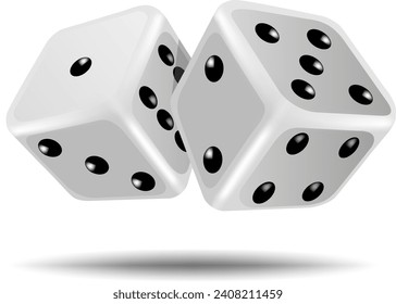 Vector image of the set of two tossed white dices with the black dots isolated on the white background with a shadow.