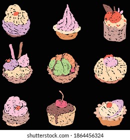 Vector image of set various drawn tasty brownies