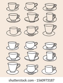 Vector image of set various outlines tea cups with saucers