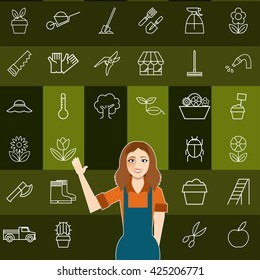 Vector image of the Set of vegetable line icons and a gardener woman