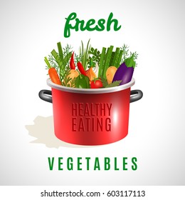 Vector image. Set of vegetables. Colorful set. ECO-organic fresh pattern with vegetables in pot for the decoration menu.