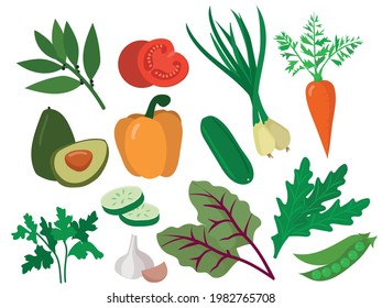 vector image of a set of vegetables and herbs. pepper carrots tomato cucumber avocado bay leaf onion