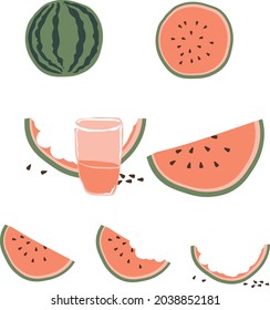 
Vector image set of watermelon icons isolated on white background. Cartoon watermelon fun illustration. Fruit juice, cuted watermalon