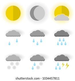 Vector image of set of weather icons, sun, moon and sun behind the clouds. Flat. White background.