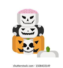Vector image set of white pumpkins with gray stripes and black spots. Jack lantern with various evil emotions. Isolated on a white background.