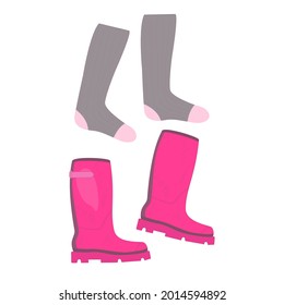 Vector image of a set of women's rubber boots pink and gray socks on a white background