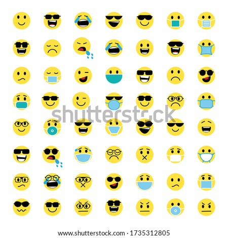 
Vector image set of yellow smileys with different emotions, in glasses and masks. Foto d'archivio © 