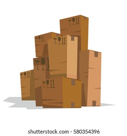 Vector image of seven long light brown cardboard boxes of different sizes standing on a white background. Trucking, delivery, logistics, packaging. Vector illustration.