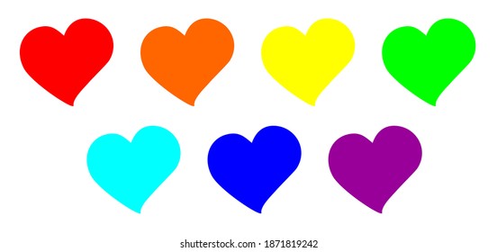 Vector image of seven multi-colored hearts. Hearts are symbols of love painted with bright colors of the rainbow. Multicolored background