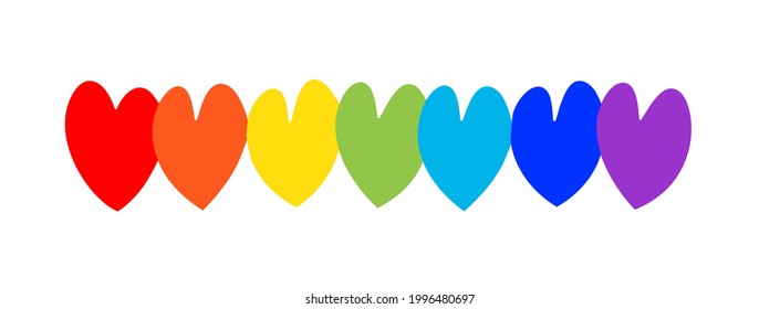 Vector image of seven multi-colored hearts. Hearts are symbols of love painted with bright colors of the rainbow. Multicolored background. 